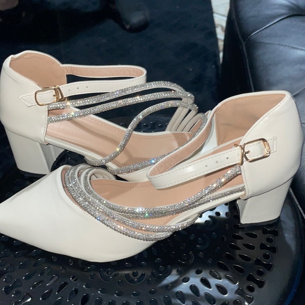 Rhinestone Decor Ankle Strap Chunky Pumps ( beige